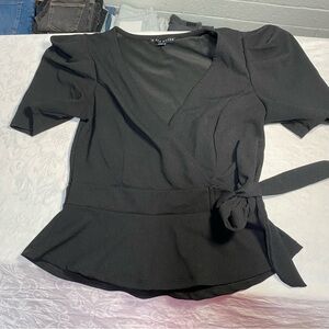 Haute Monde Black Fitted Dress Shirt Wrap Front Plunge V Neck Peplum Tie Waist S